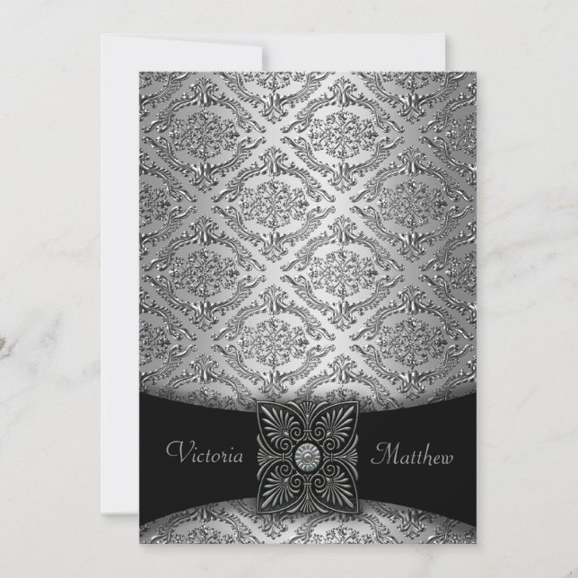 Cartes d'invitation de mariage damassé argent et n (Devant)