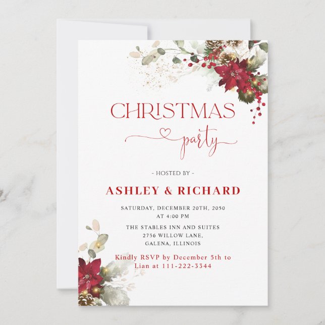 Cartes d'invitation de mariage de Noël à fleurs ro (Devant)