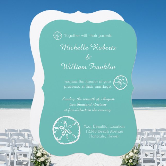 Cartes d'invitation de mariage de plage avec dolla (turquoise blue beach wedding invitations with sand dollar design)
