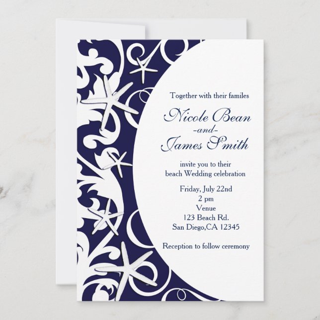 Cartes d'invitation de mariage de plage bleu foncé (Devant)