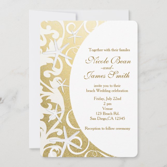 Cartes d'invitation de mariage de plage en or Étoi (Devant)