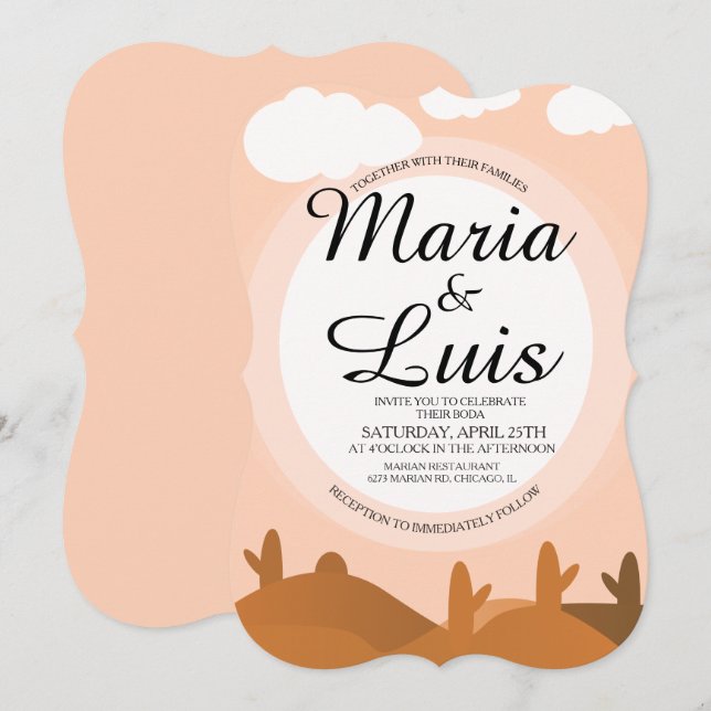Cartes d'invitation de mariage Desert Sunrise Cact (Devant / Derrière)