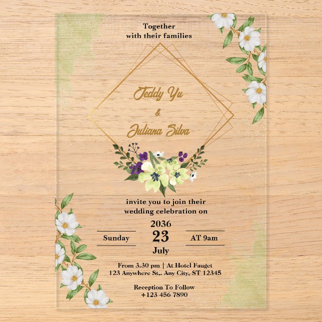 Cartes d'invitation de mariage en acrylique floral (Recto)