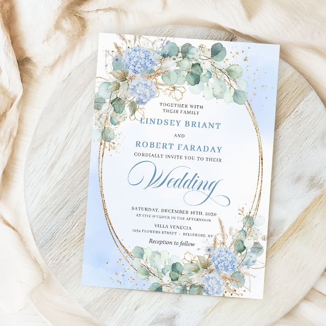 Cartes d'invitation de mariage en bleu aquarelle a (Watercolor Blue Floral Wheat Gold Wedding Invitation)