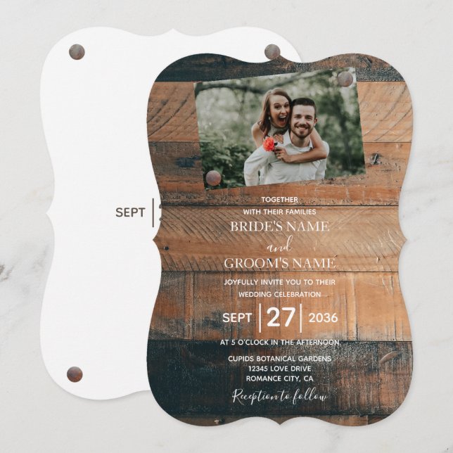 Cartes d'invitation de mariage en bois rustique av (Devant / Derrière)
