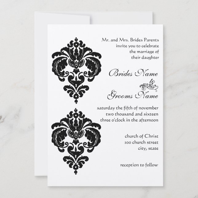 Cartes d'invitation de mariage en Damas noir (Devant)
