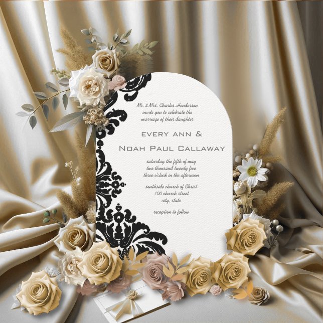Cartes d'invitation de mariage en damas noir vinta (Créateur téléchargé)