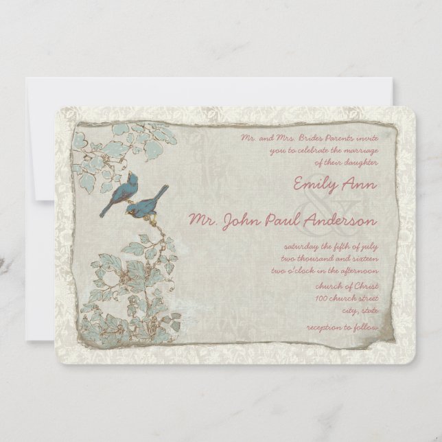 Cartes d'invitation de mariage en damas oiseaux sa (Devant)