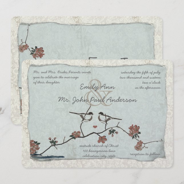 Cartes d'invitation de mariage en damas oiseaux vi (Devant / Derrière)