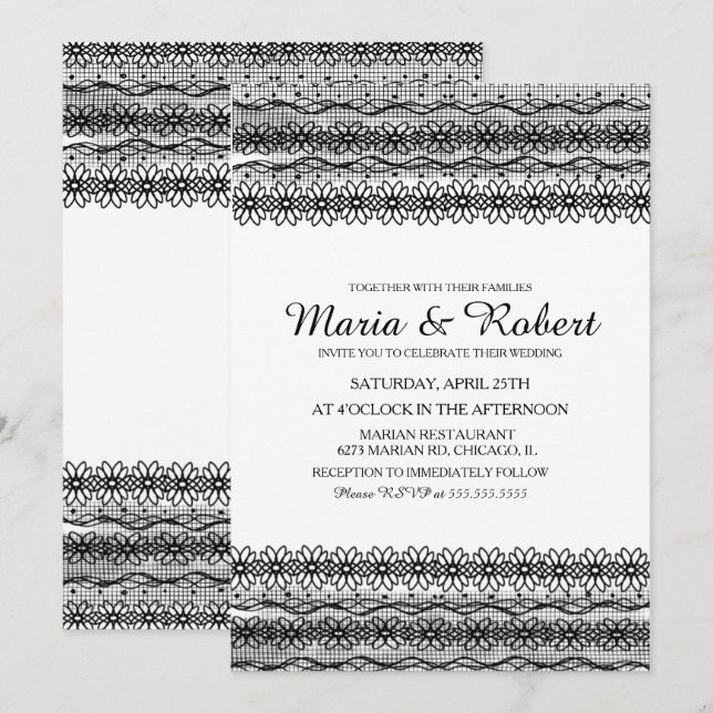 Cartes d'invitation de mariage en dentelle florale (Devant / Derrière)