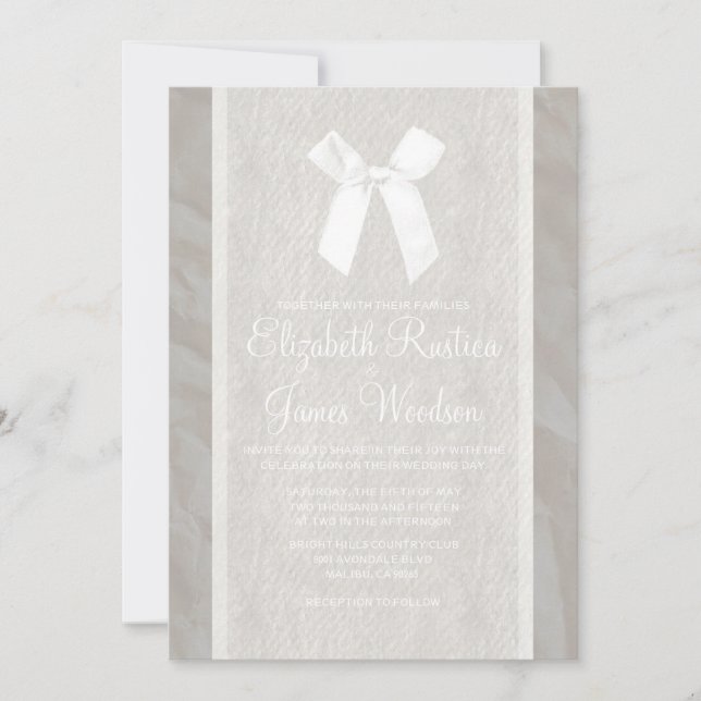 Cartes d'invitation de mariage en lin et ruban vin (Devant)