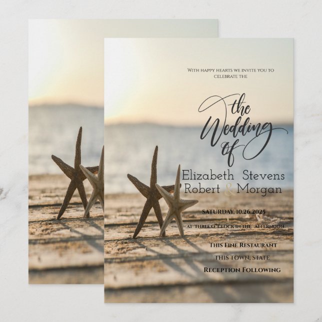 Cartes d'invitation de mariage Étoiles de mer Plag (Devant / Derrière)