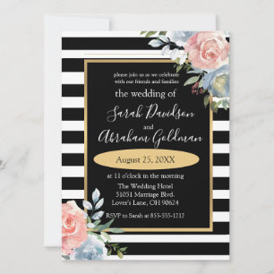 Cartes d'invitation de mariage Fleurs Roses Rayure