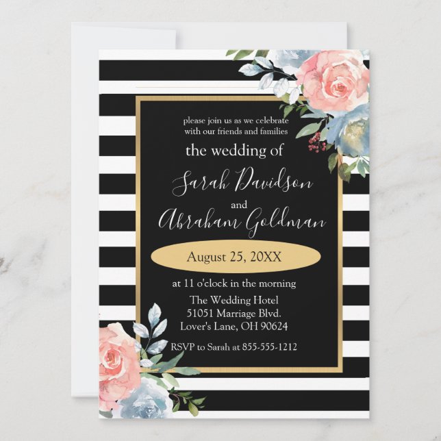 Cartes d'invitation de mariage Fleurs Roses Rayure (Devant)