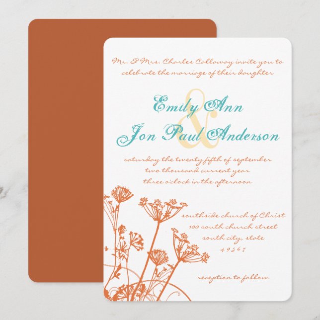 Cartes d'invitation de mariage Fleurs sauvages Ros (Devant / Derrière)