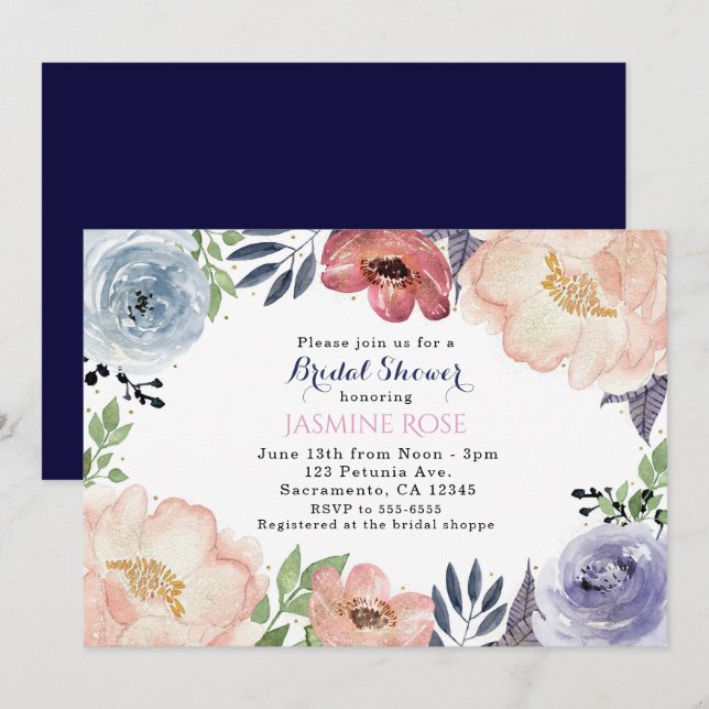Cartes d'invitation de mariage Floral Aquarelle Mo (Devant / Derrière)