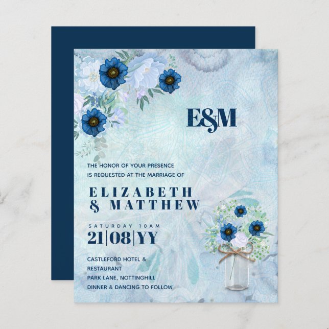 Cartes d'invitation de mariage floral bleu poussié (Devant / Derrière)