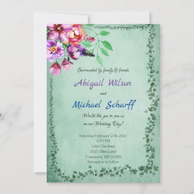 Cartes d'invitation de mariage Floral Evergreen (Dos)