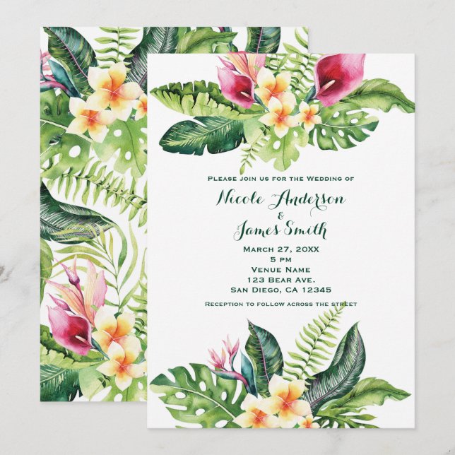 Cartes d'invitation de mariage floral feuilles fle (Devant / Derrière)