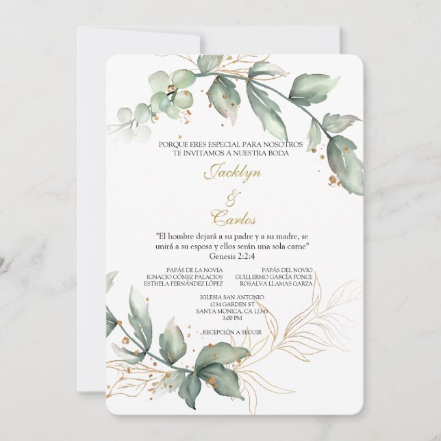 Cartes d'invitation de mariage florales à la verdu (Devant)