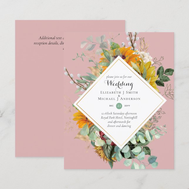 Cartes d'invitation de mariage Florales Bourgogne  (Devant / Derrière)