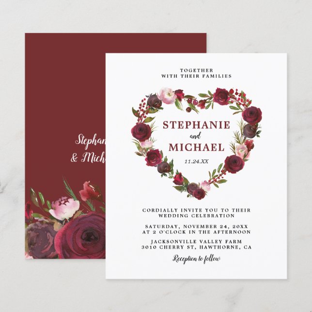 Cartes d'invitation de mariage florales de Bourgog (Devant / Derrière)