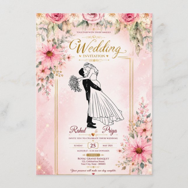 Cartes d'invitation de mariage florales Élégantes  (Devant)