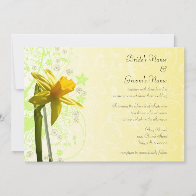 Cartes d'invitation de mariage florales jaune jonq (Devant)