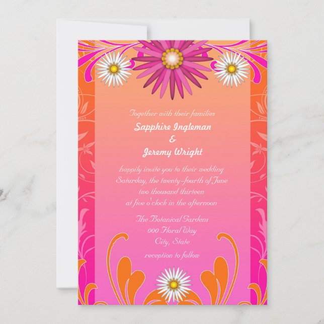 Cartes d'invitation de mariage florales orange et  (Devant)