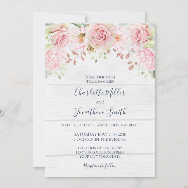 Cartes d'invitation de mariage florales rose rusti (Devant)