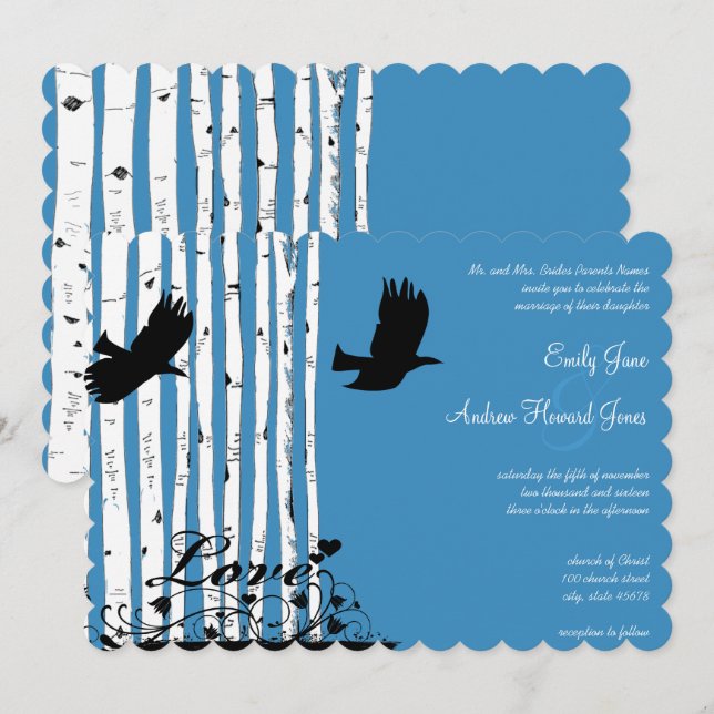 Cartes d'invitation de mariage forêt oiseau d'amou (Devant / Derrière)