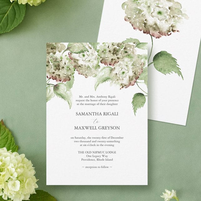 Cartes d'invitation de mariage formelles Hortensia (green and antique hydrangea wedding invitations hand painted watercolor art Victoria Do Tell A Belle)