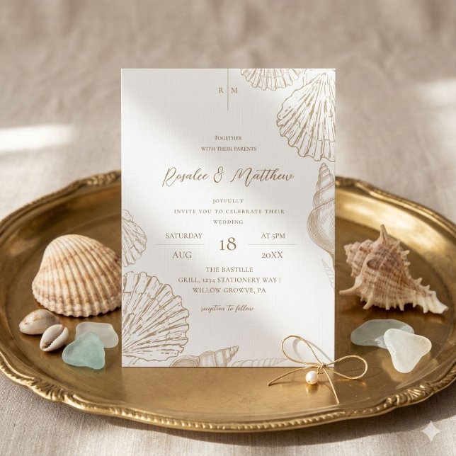 Cartes d'invitation de mariage Gold Shells & White (Créateur téléchargé)
