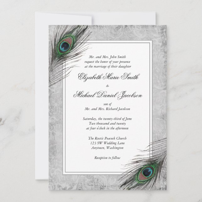 Cartes d'invitation de mariage grises aux plumes d (Devant)