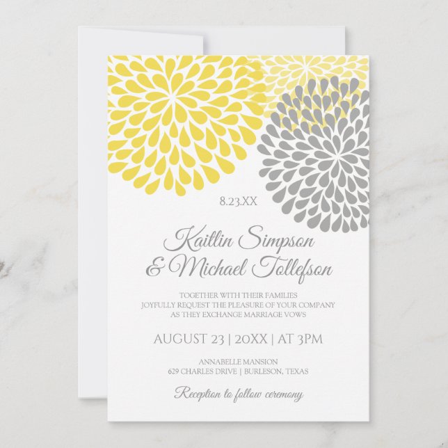 Cartes d'invitation de mariage jaune et gris | Flo (Devant)