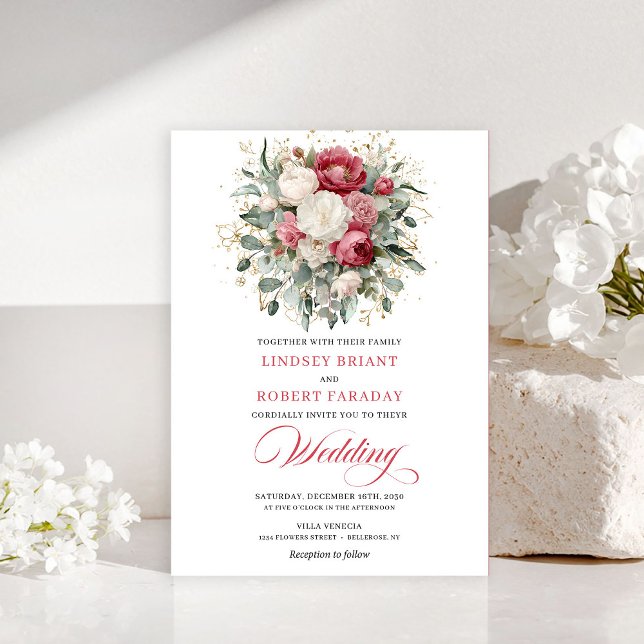 Cartes d'invitation de mariage Luxe Bohème Rouge B (Luxury Bohemian Red Blush Greenery Wedding Invitation)