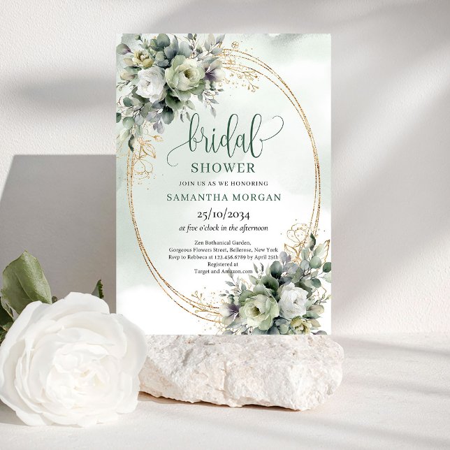 Cartes d'invitation de mariage Luxe Floral Eucalyp (Luxe Floral Eucalyptus Gold Bridal Shower Invitation)