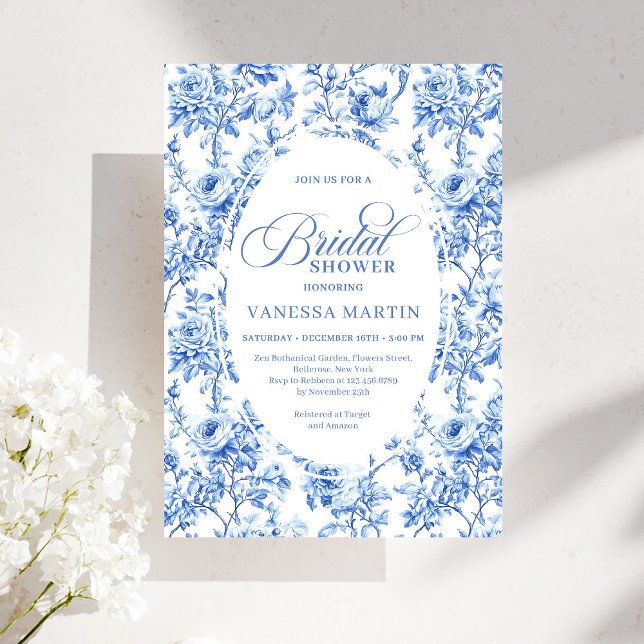 Cartes d'invitation de mariage Luxe Toile de Jouy  (Luxury Navy Blue Toile Roses Bridal Shower Invitation)