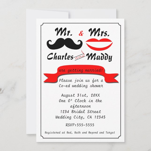 Cartes d'invitation de mariage M. & Mme à moustach (Devant)