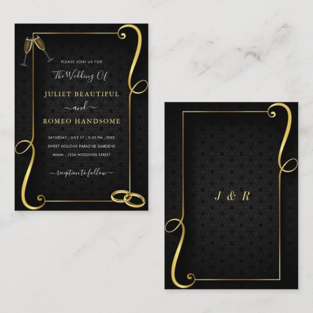 Cartes d'invitation de mariage modèle à encadré or (Devant / Derrière)
