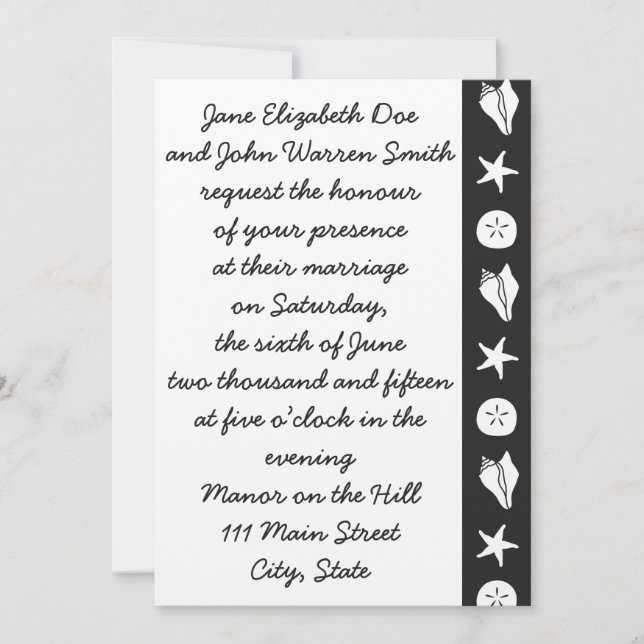 Cartes d'invitation de mariage noir avec coquillag (Devant)