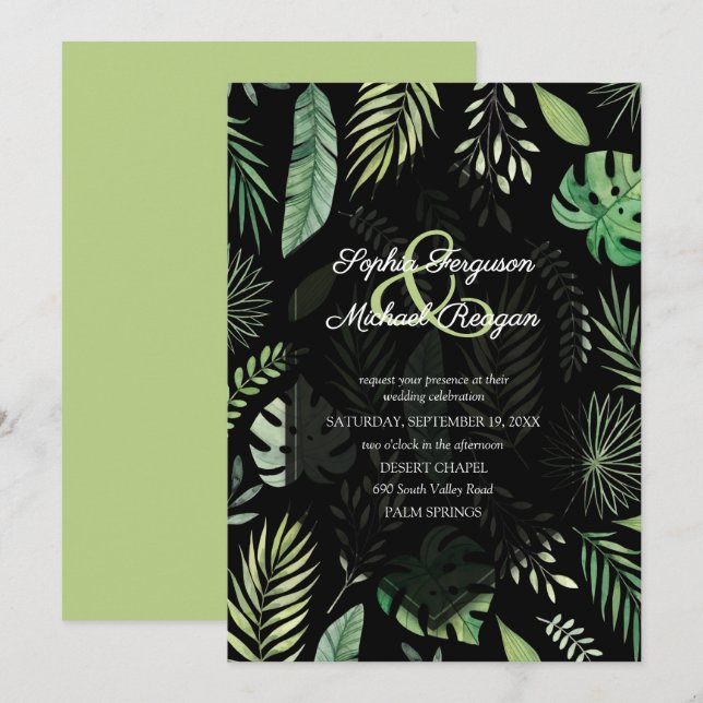 Cartes d'invitation de mariage noir botanique de v (Devant / Derrière)