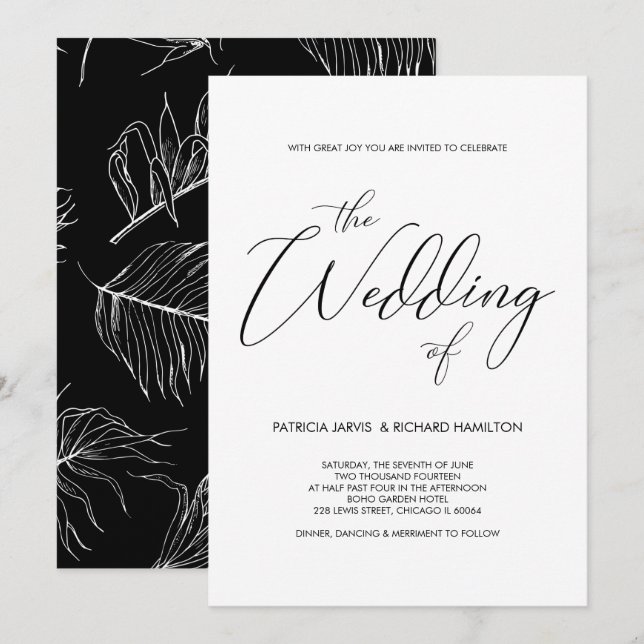 Cartes d'invitation de mariage noir et blanc lettr (Devant / Derrière)