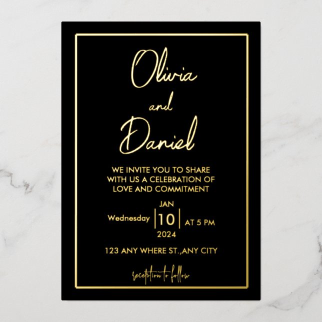 Cartes d'invitation de mariage noir et or (Recto)