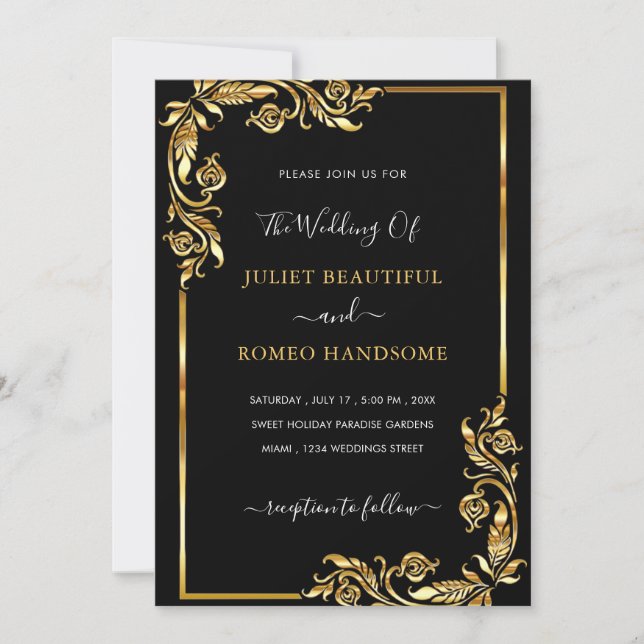 Cartes d'invitation de mariage noires à cadres dor (Devant)