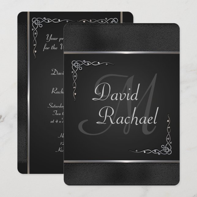 Cartes d'invitation de mariage noires et argentées (Devant / Derrière)