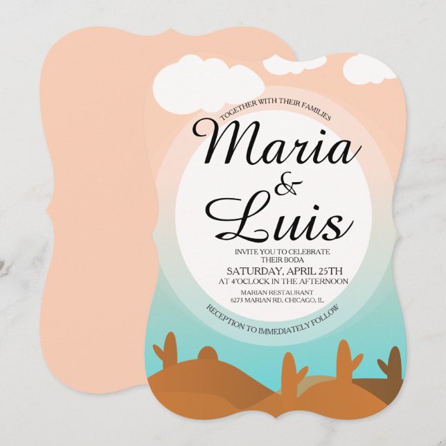 Cartes d'invitation de mariage ombres de cactus Le (Devant / Derrière)