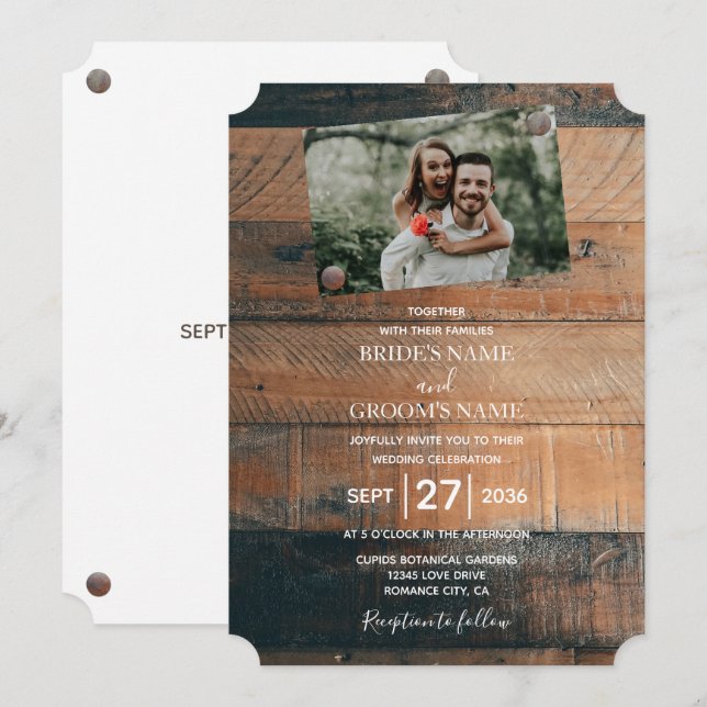 Cartes d'invitation de mariage photo en bois rusti (Devant / Derrière)