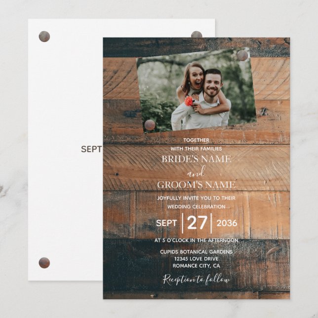 Cartes d'invitation de mariage photo en bois rusti (Devant / Derrière)