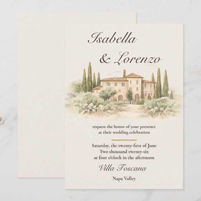 Cartes d'invitation de mariage pour une villa tosc (Devant / Derrière)